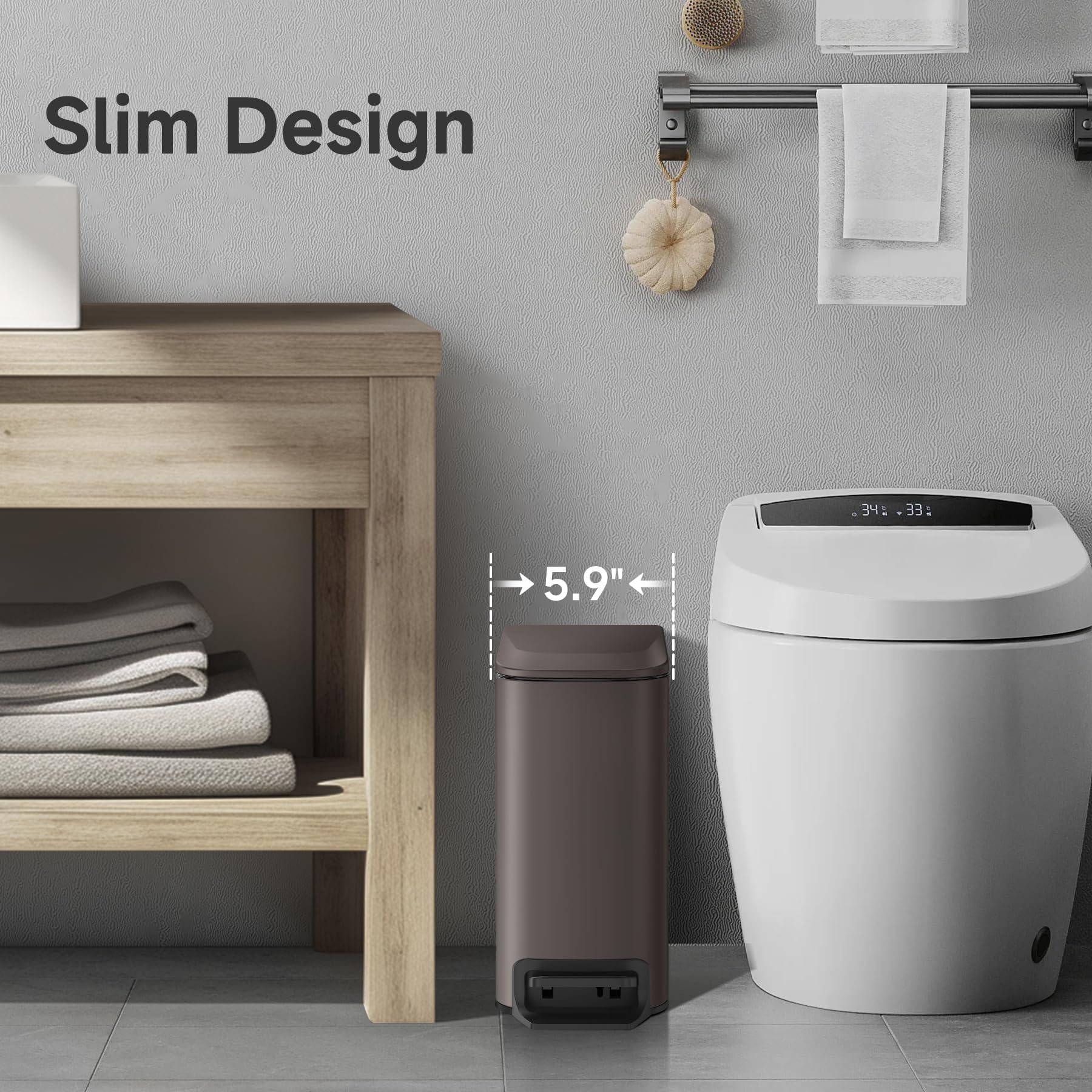 TIPGO Slim trash can lid shown with soft-close action for quiet handling.