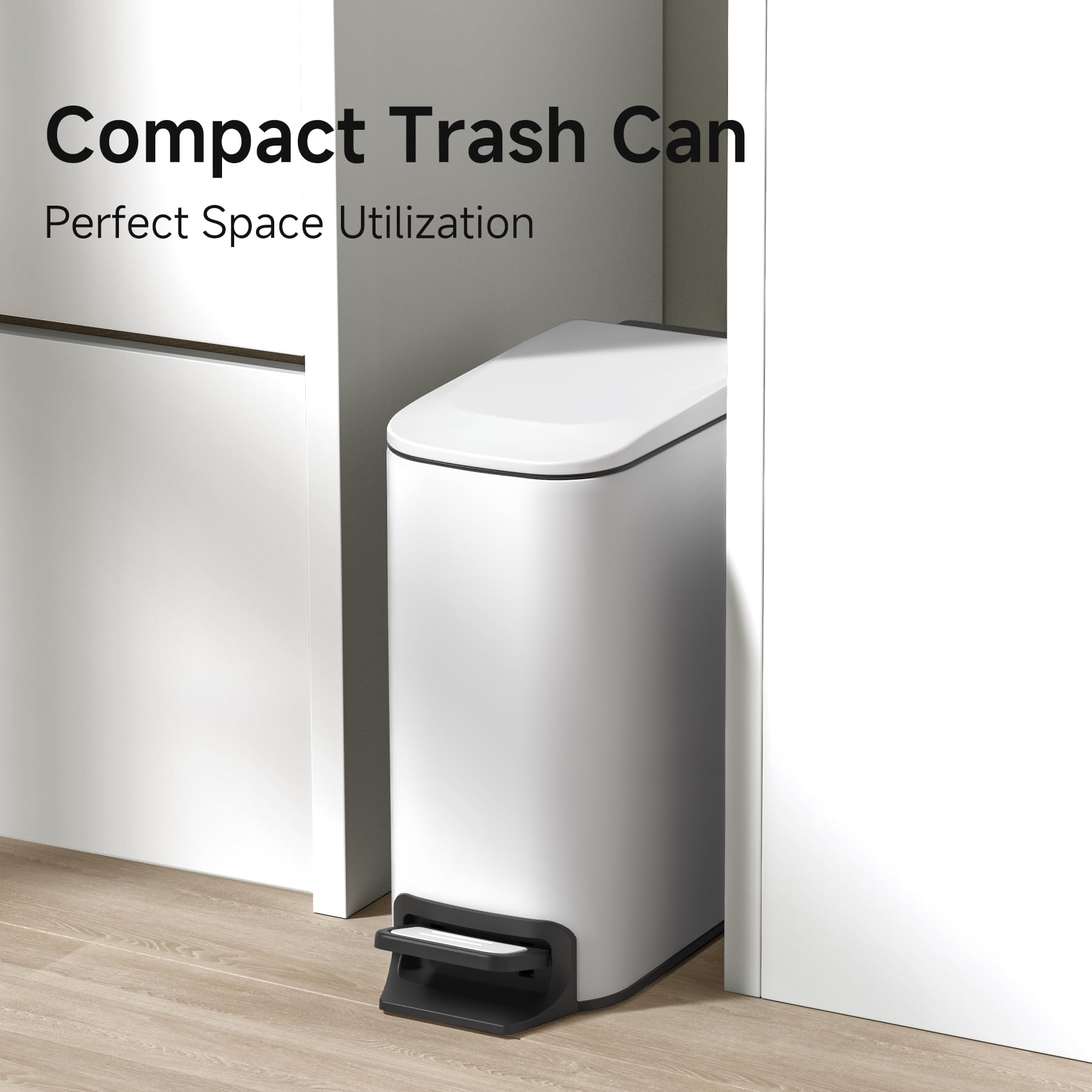 TIPGO Slim trash can stays open at 90 degrees for easy bag changes.
