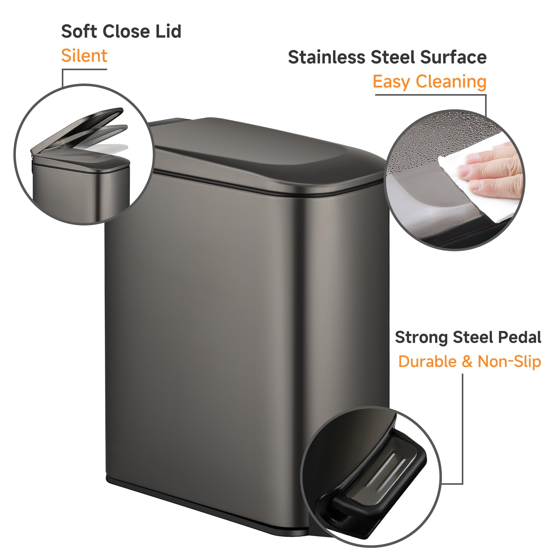 TIPGO Slim trash can step-pedal enables hands-free access with a smooth pedaling action.
