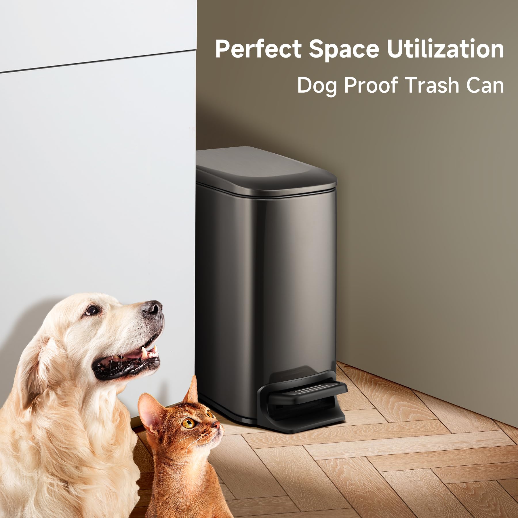 TIPGO Slim trash can black-gold finish adds a stylish, space-saving accent to rooms.