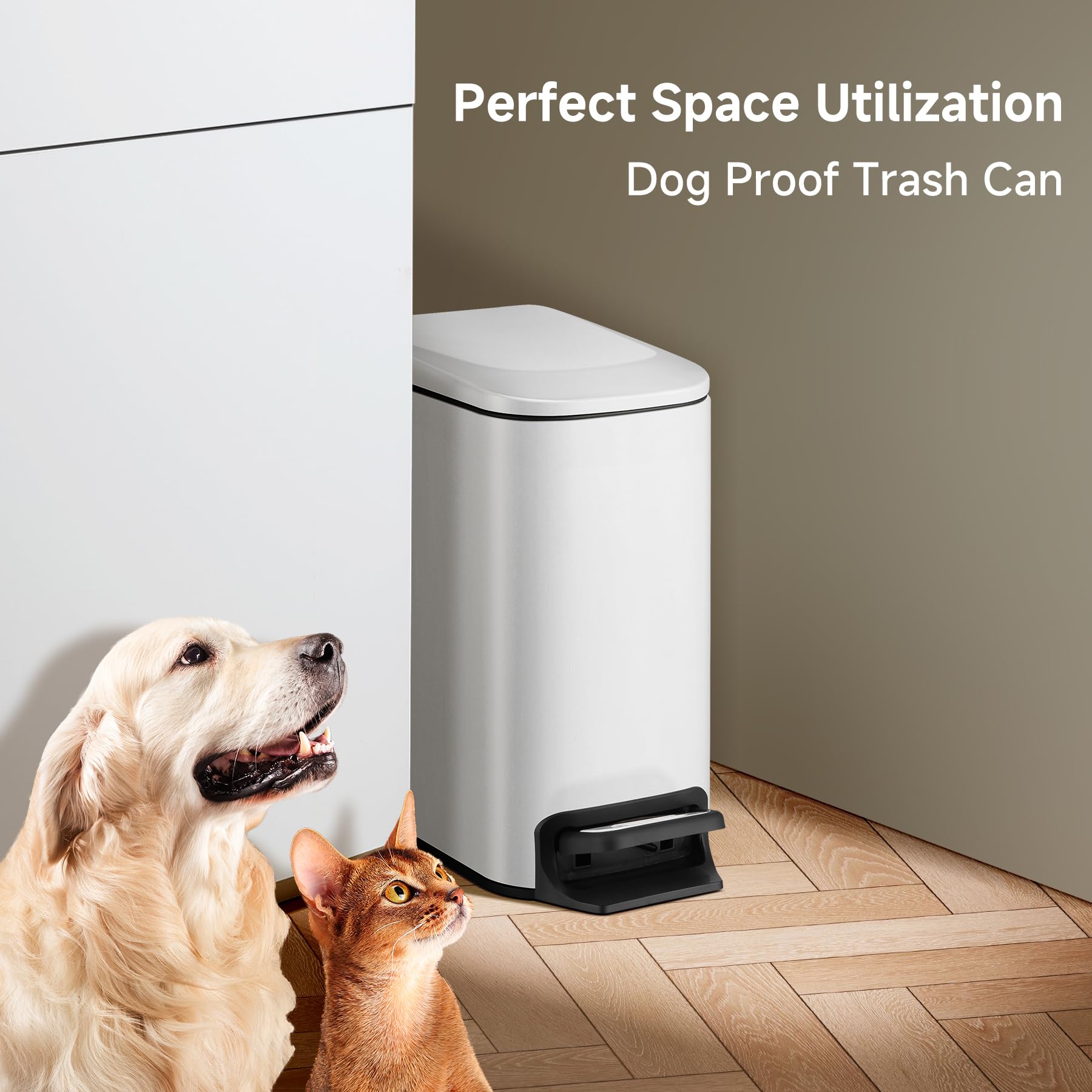 TIPGO Slim trash can in white stainless steel suits desks and countertops.