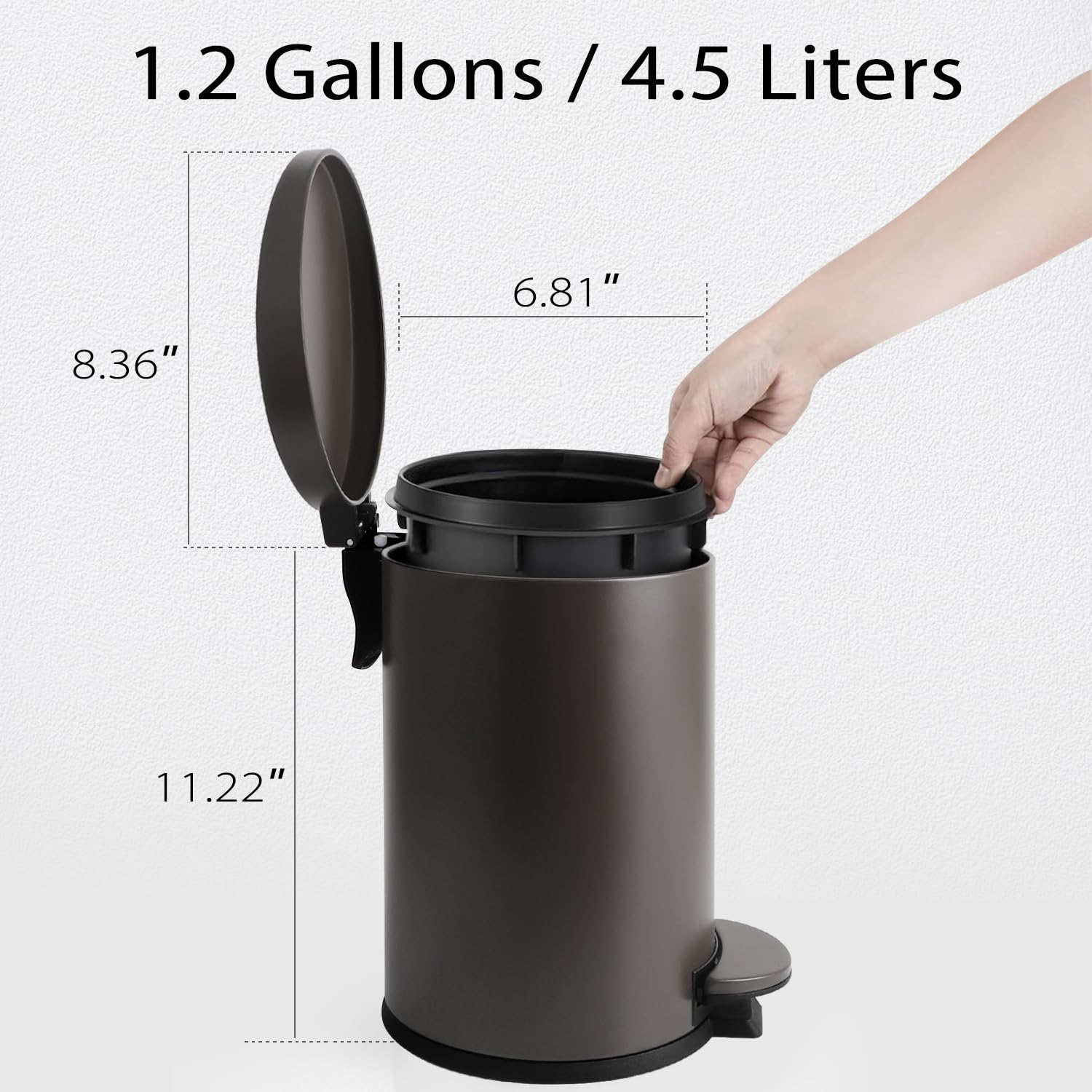 TIPGO trash can shown in a bathroom corner, saving space