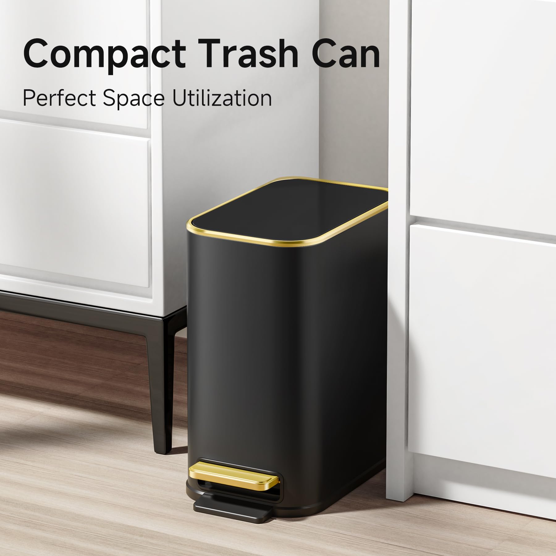 TIPGO stainless steel pedal bin with golden pedal for easy, quiet use.