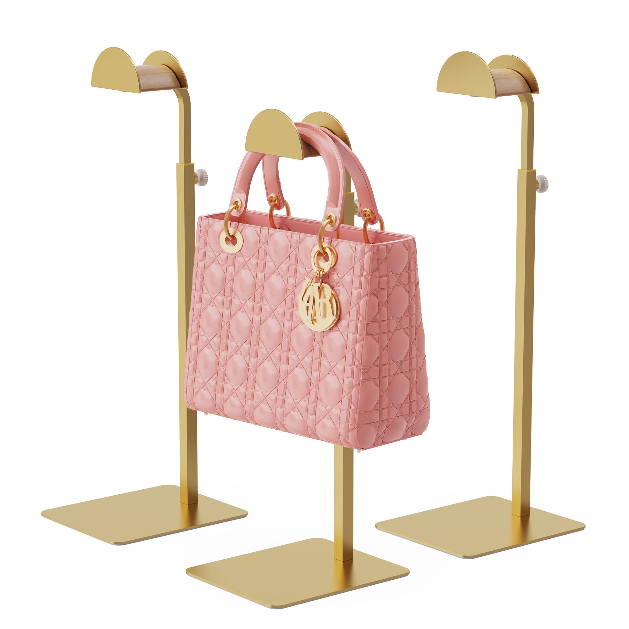 TipsyTree 3-pack purse display stand keeps handbags neatly elevated for easy viewing.