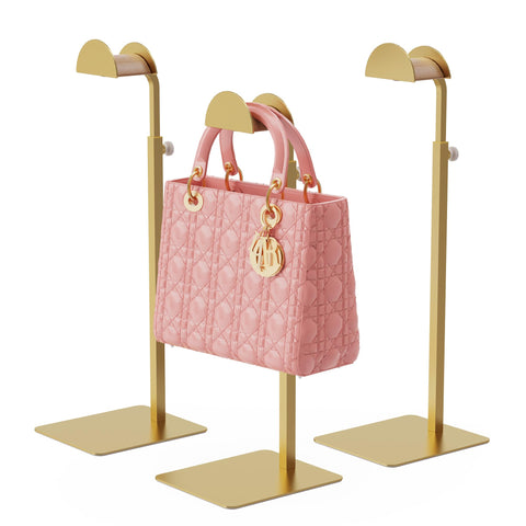 TipsyTree 3-pack purse display stand keeps handbags neatly elevated for easy viewing.