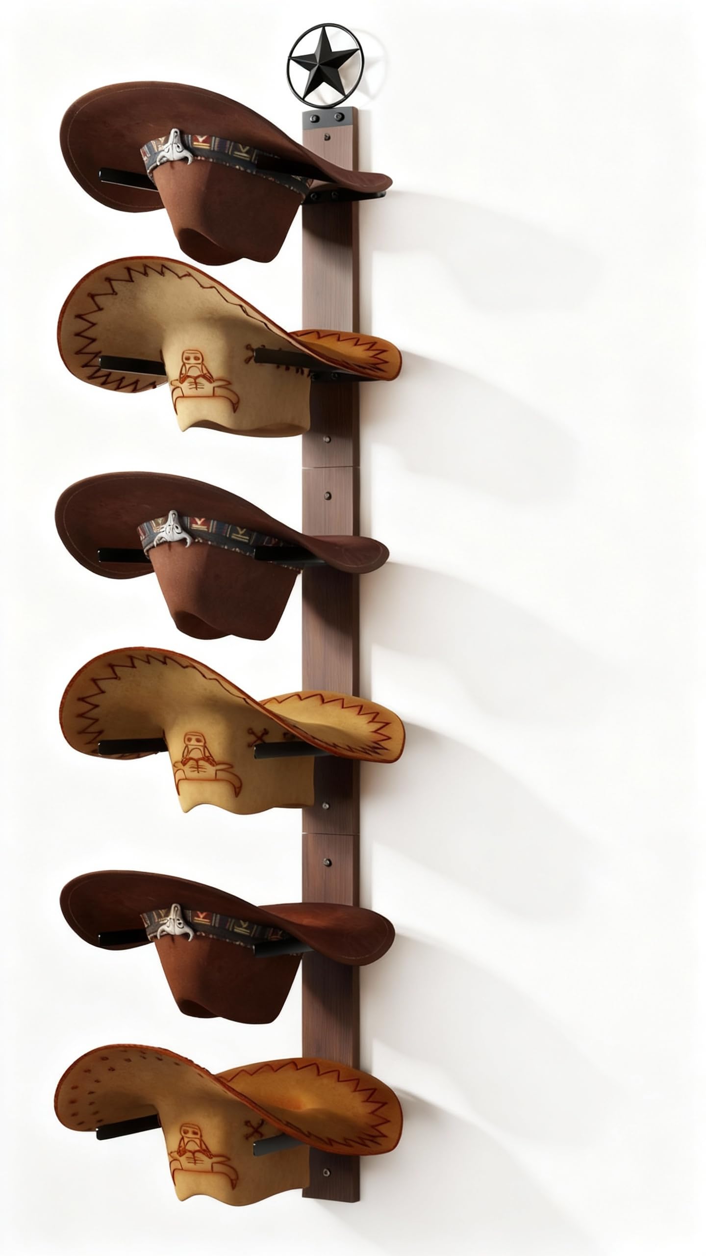 TIPSYTREE cowboy hat rack on wall with rustic wood and metal hooks for organized display.
