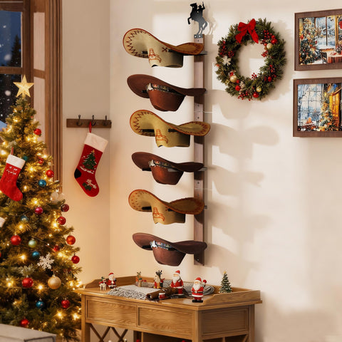 Perfect entryway display of cowboy hats in a rustic style
