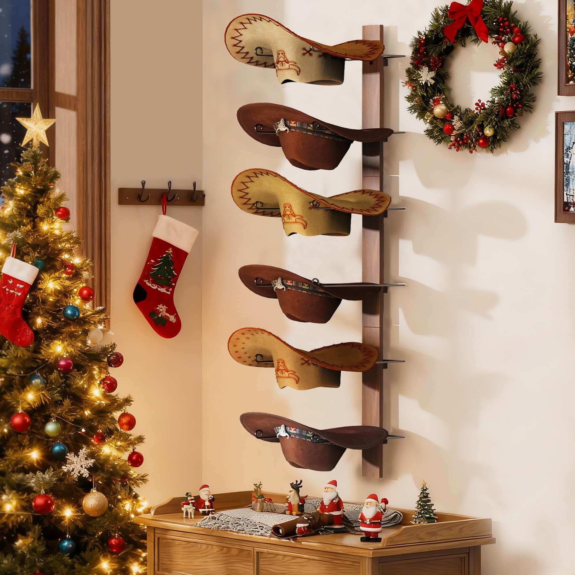Tipsytree Hat Wall Display with six hats demonstrates space-saving organization.