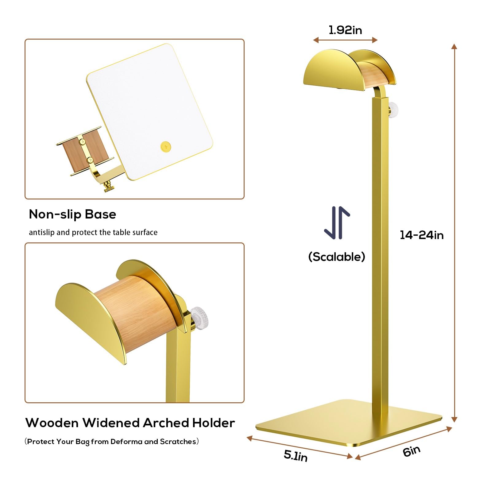 TipsyTree stainless steel base provides stable support for heavier handbags.