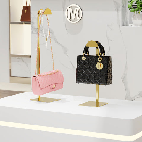 TipsyTree purse stand features a wooden hook that cradles straps without creasing.
