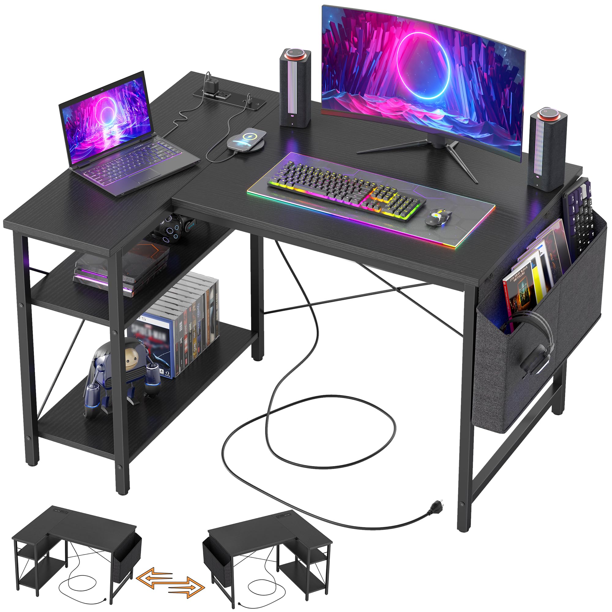 TIQLAB gaming desk with power outlets enables organized charging for setups