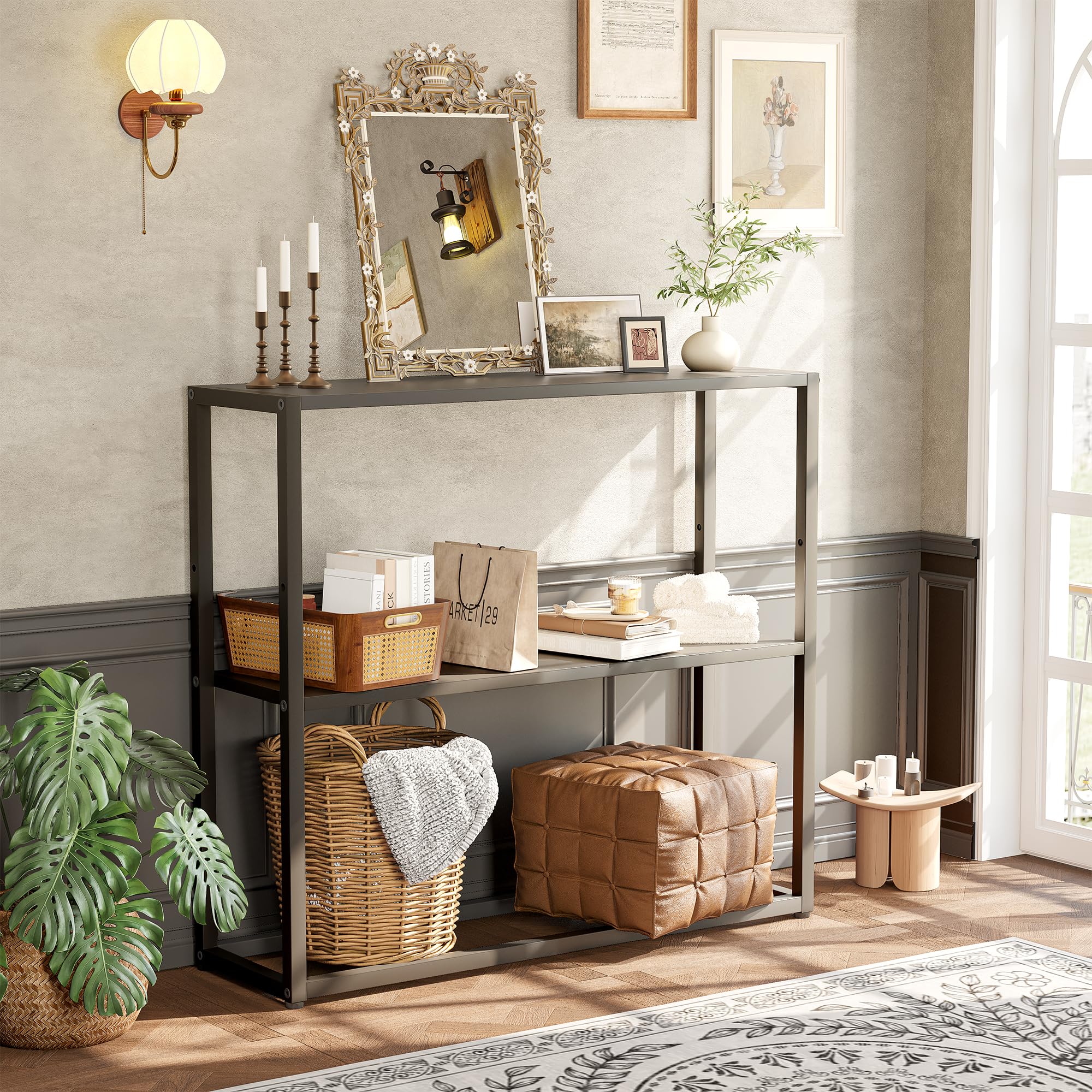 TIQLAB console table showing three open shelves for books and decor