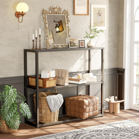 TIQLAB console table showing three open shelves for books and decor