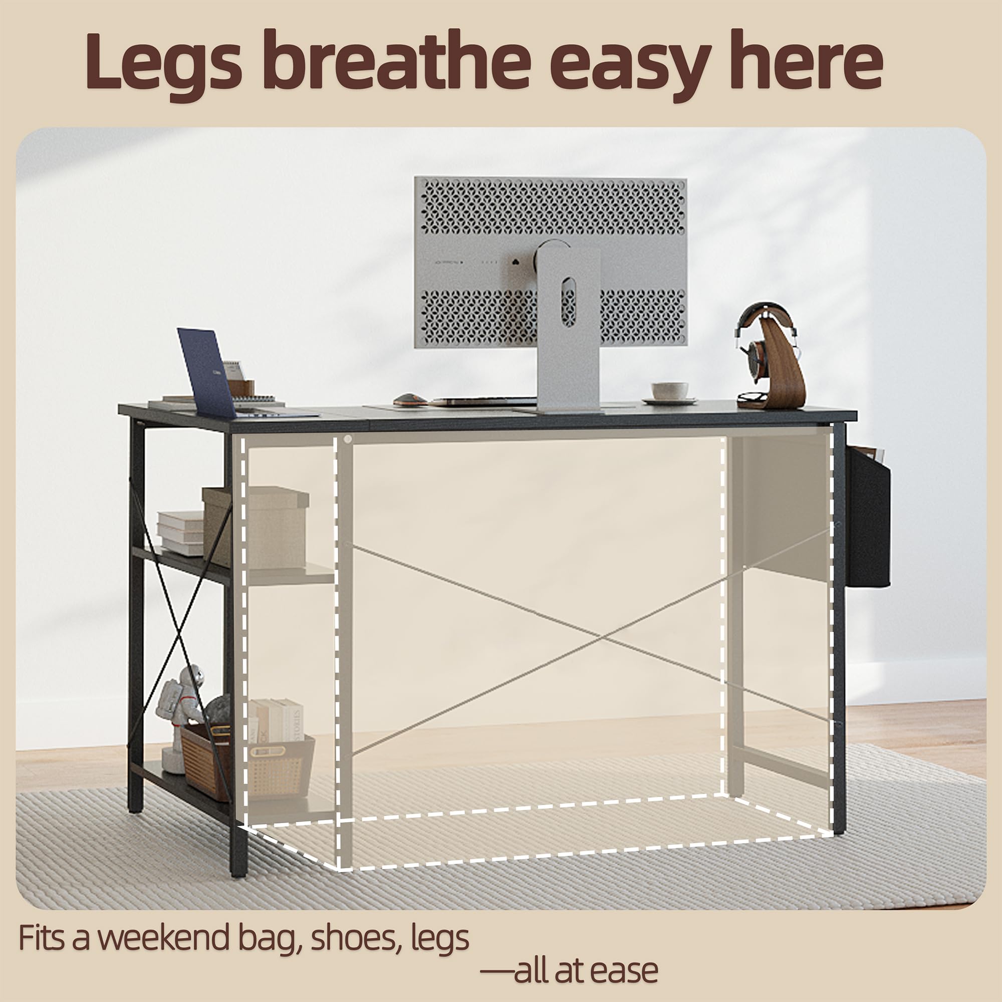 TIQLAB 2-tier under-desk shelves keep books and controllers within reach