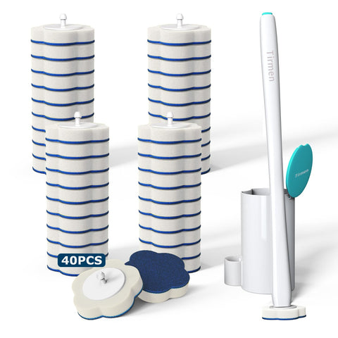 Tirmen disposable toilet brush with extended handle for easy reach under the rim.