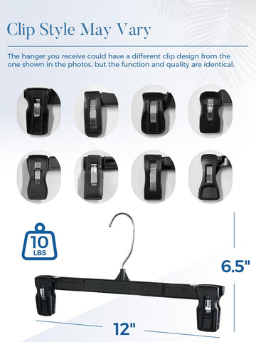 Black clip hangers ideal for women's wardrobes and dorm rooms.