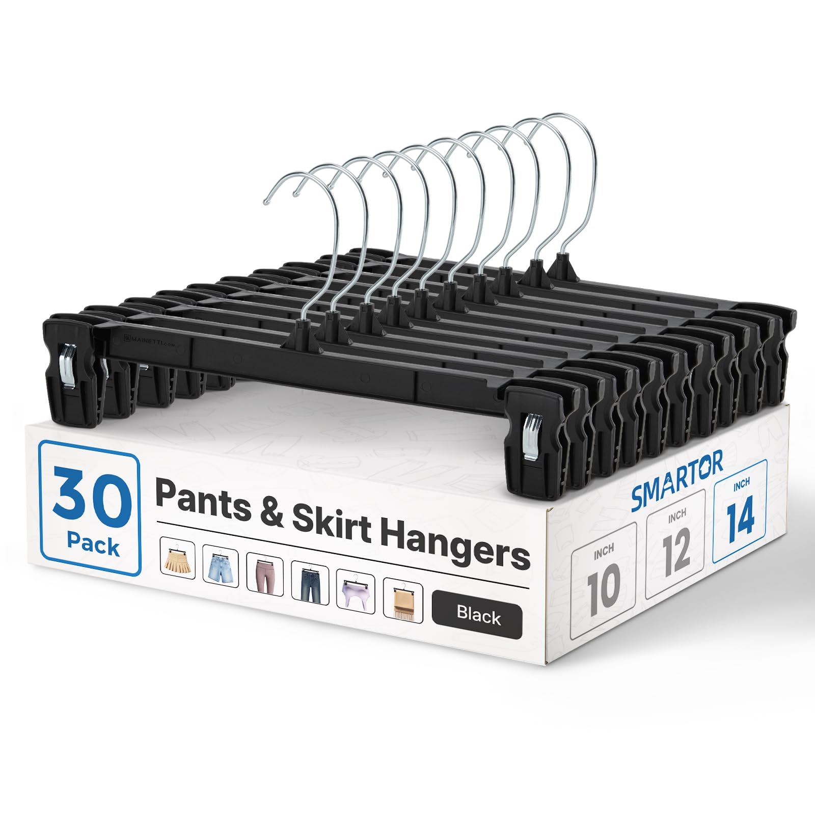 Titan Mall Smartor pants hangers main shot, 14-inch black, with secure non-slip clips.