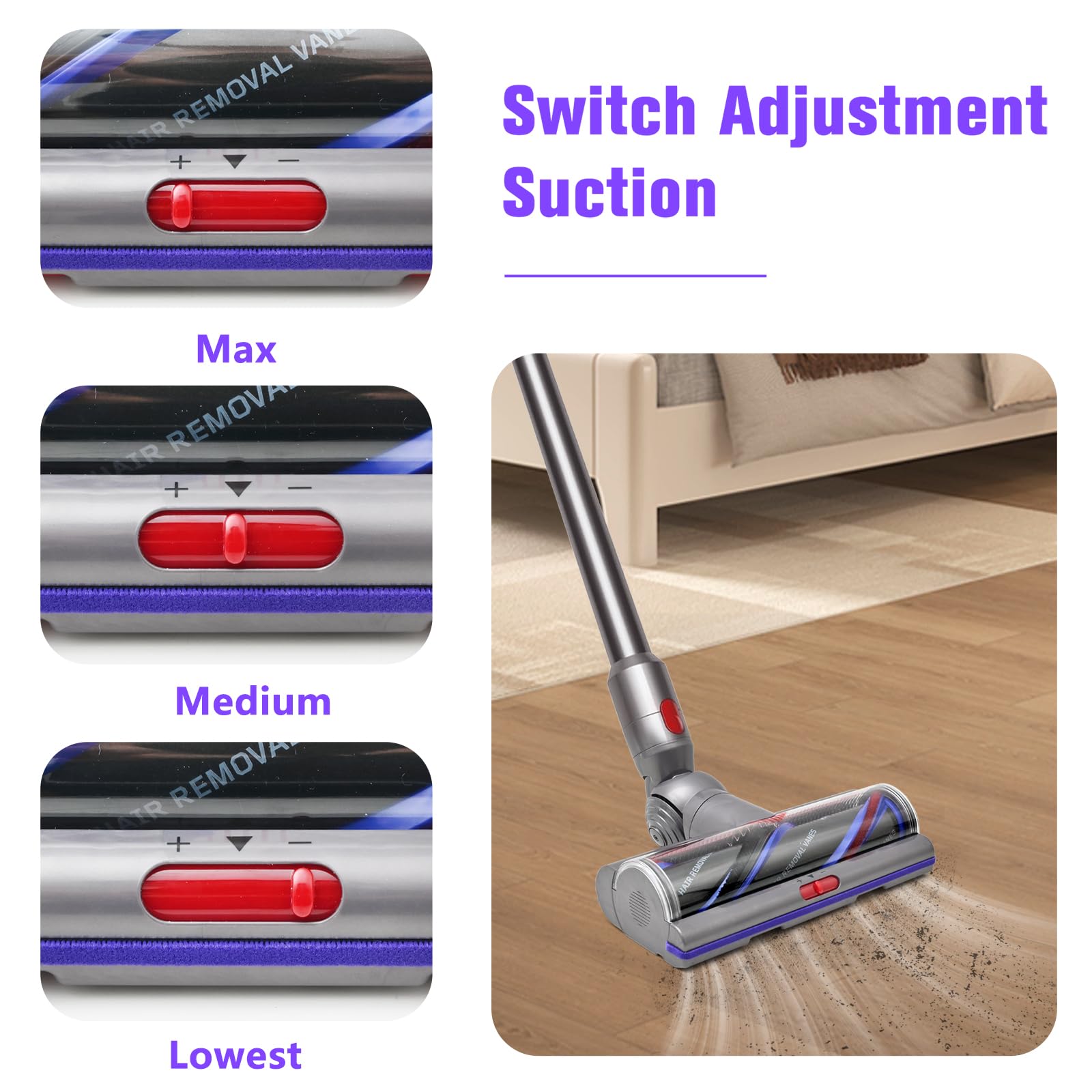 Tivcroxs head offers adjustable suction settings for carpets and hard floors.