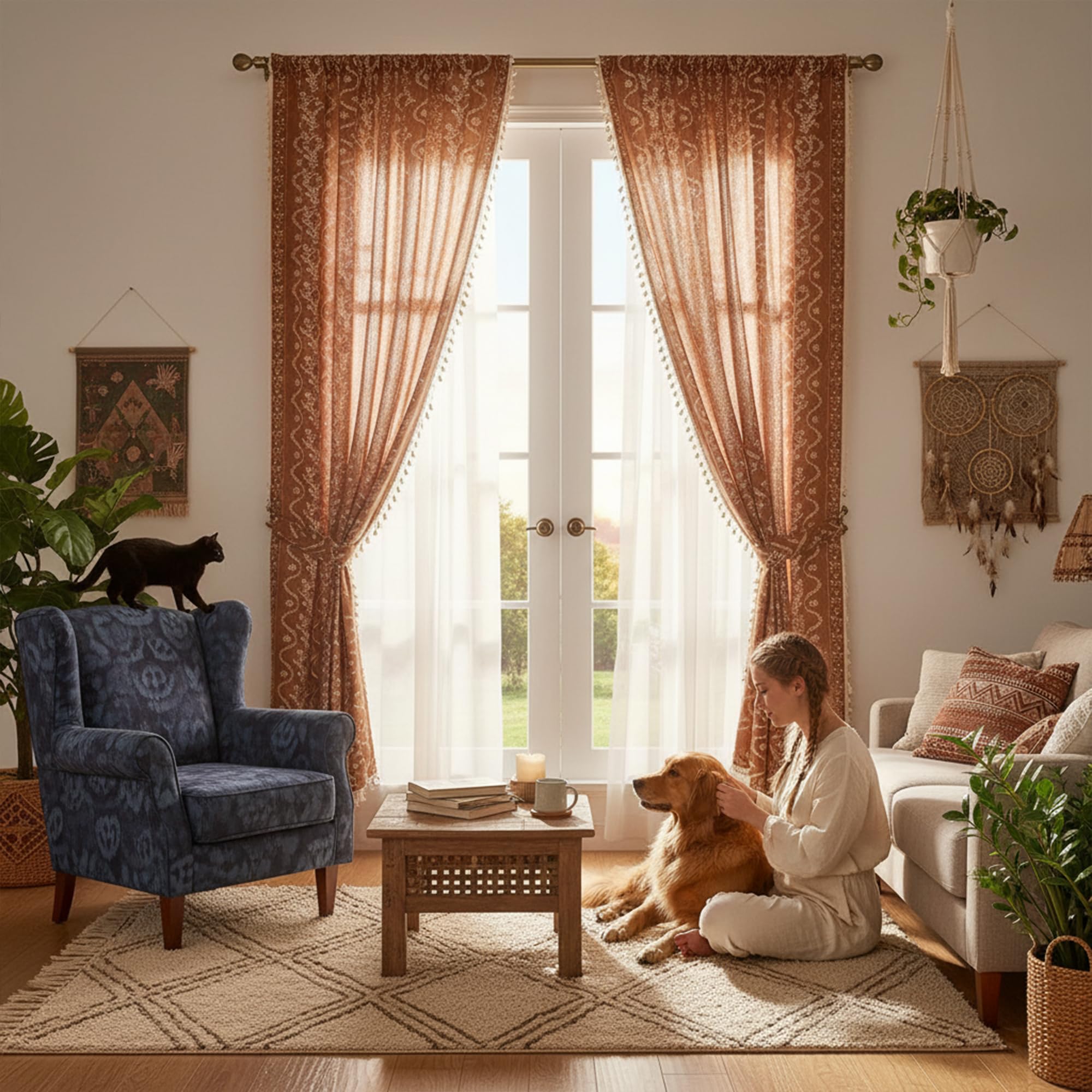 TIVNICO 84-inch two-panel curtains create full coverage for large windows.
