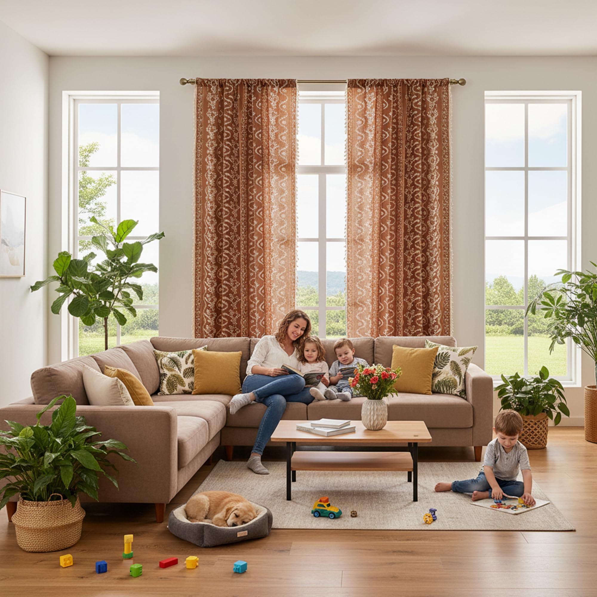 TIVNICO boho terracotta floral curtains add soft texture and farmhouse charm.