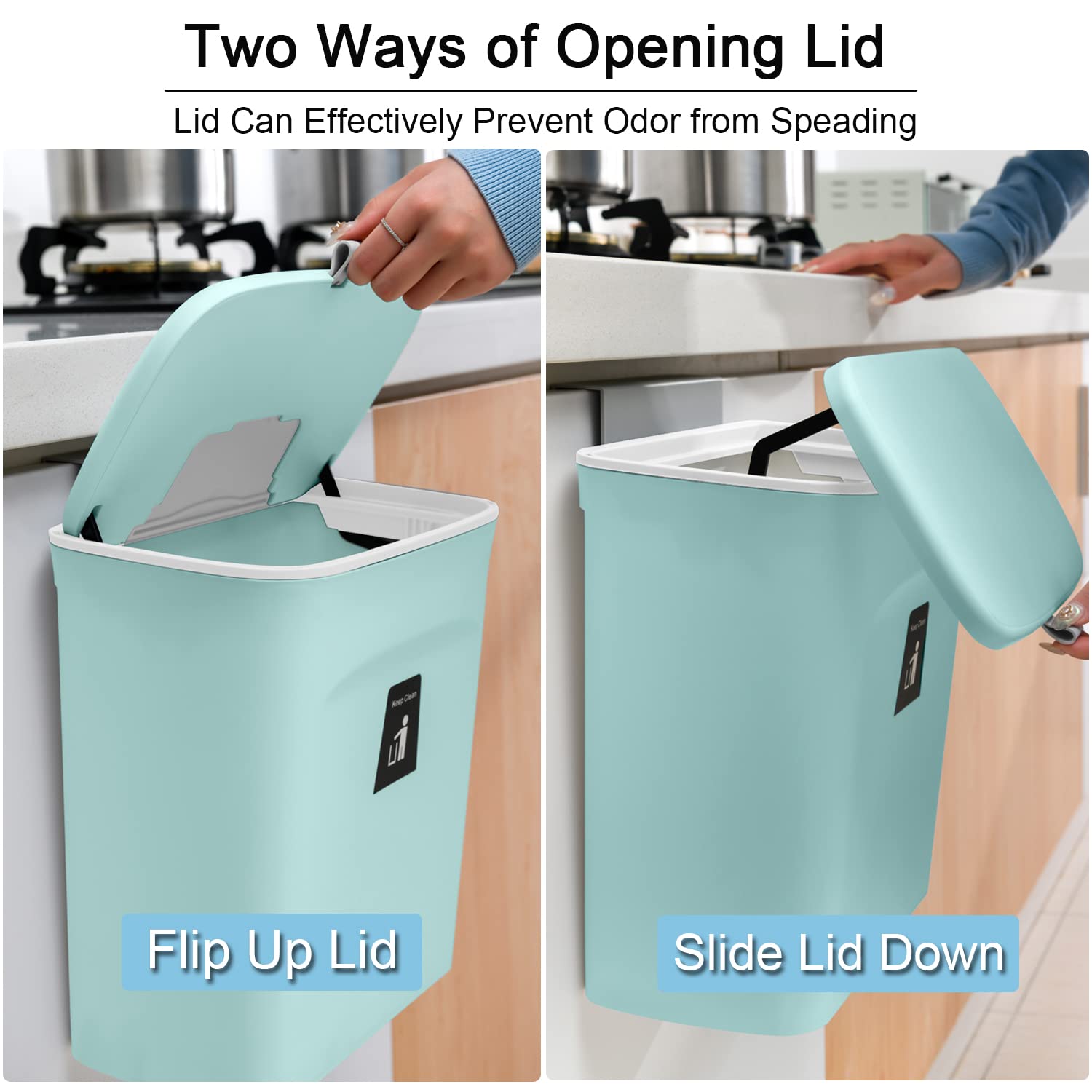 Tiyafuro compost-bin-blue-wall-mount-hook shows easy kitchen installation and space saving