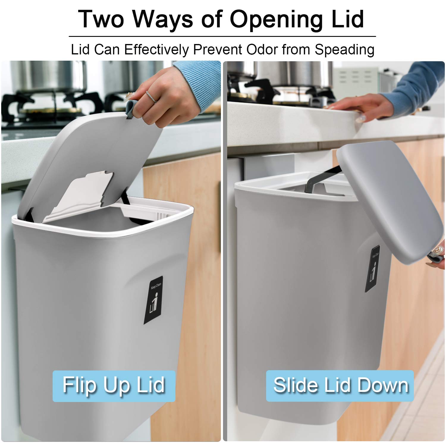 Tiyafuro wall-mount bin keeps waste within reach and cabinet tidy.