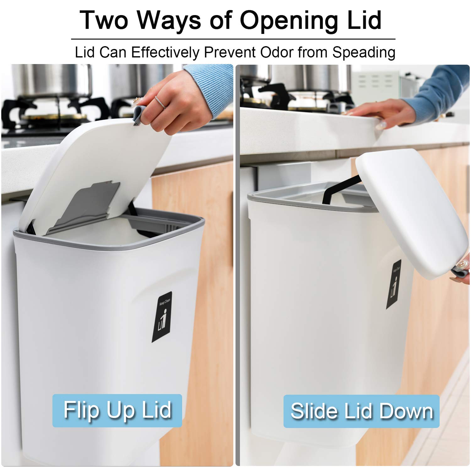 Tiyafuro hanging lid-equipped bin in a compact kitchen corner