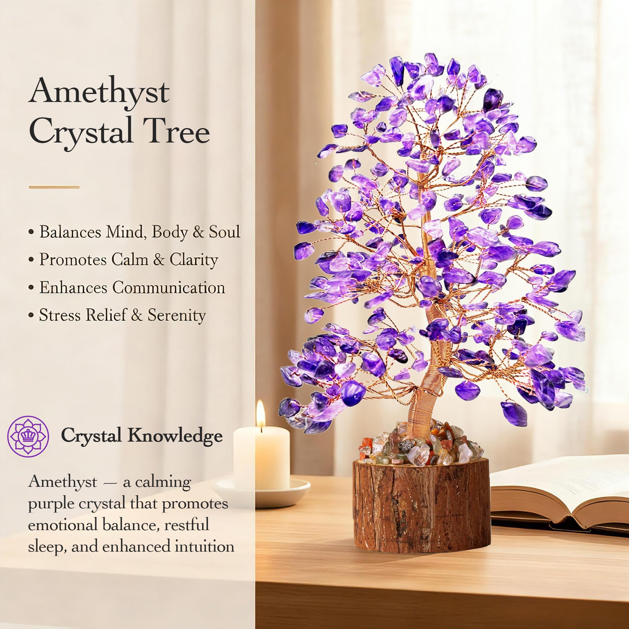 Tizzomx amethyst tree base anchors the display on desk or shelf.