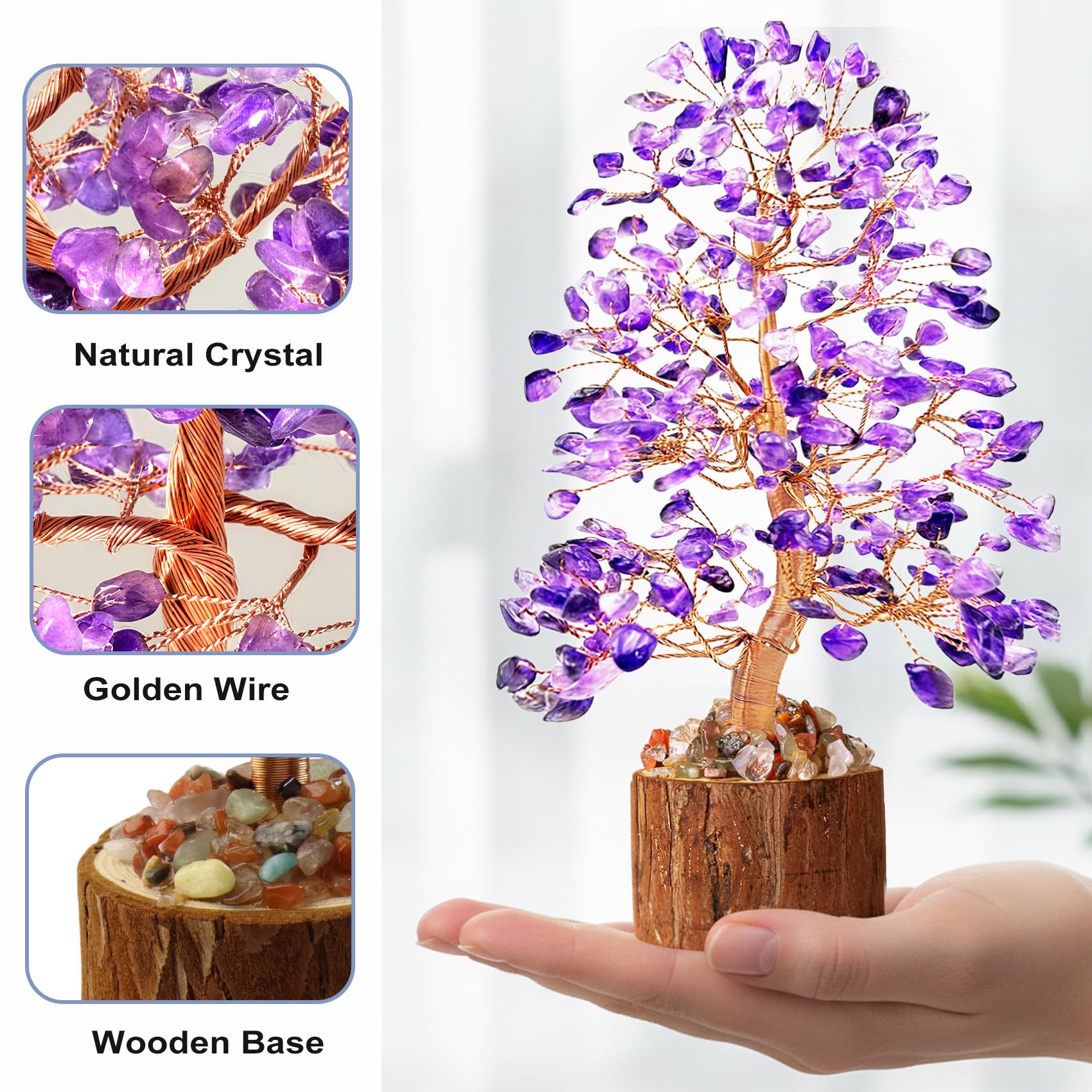 Tizzomx amethyst tree branches showcase intricate wiring and crystal highlights.