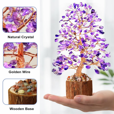 Tizzomx amethyst tree branches showcase intricate wiring and crystal highlights.