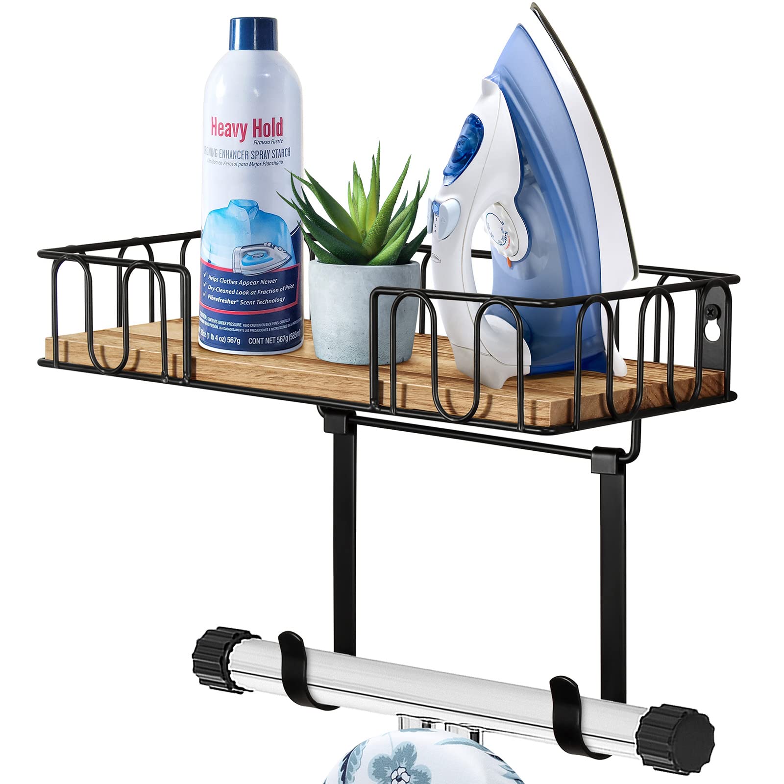TJ.MOREE ironing board hanger on wall mount with space-saving design keeps laundry organized.