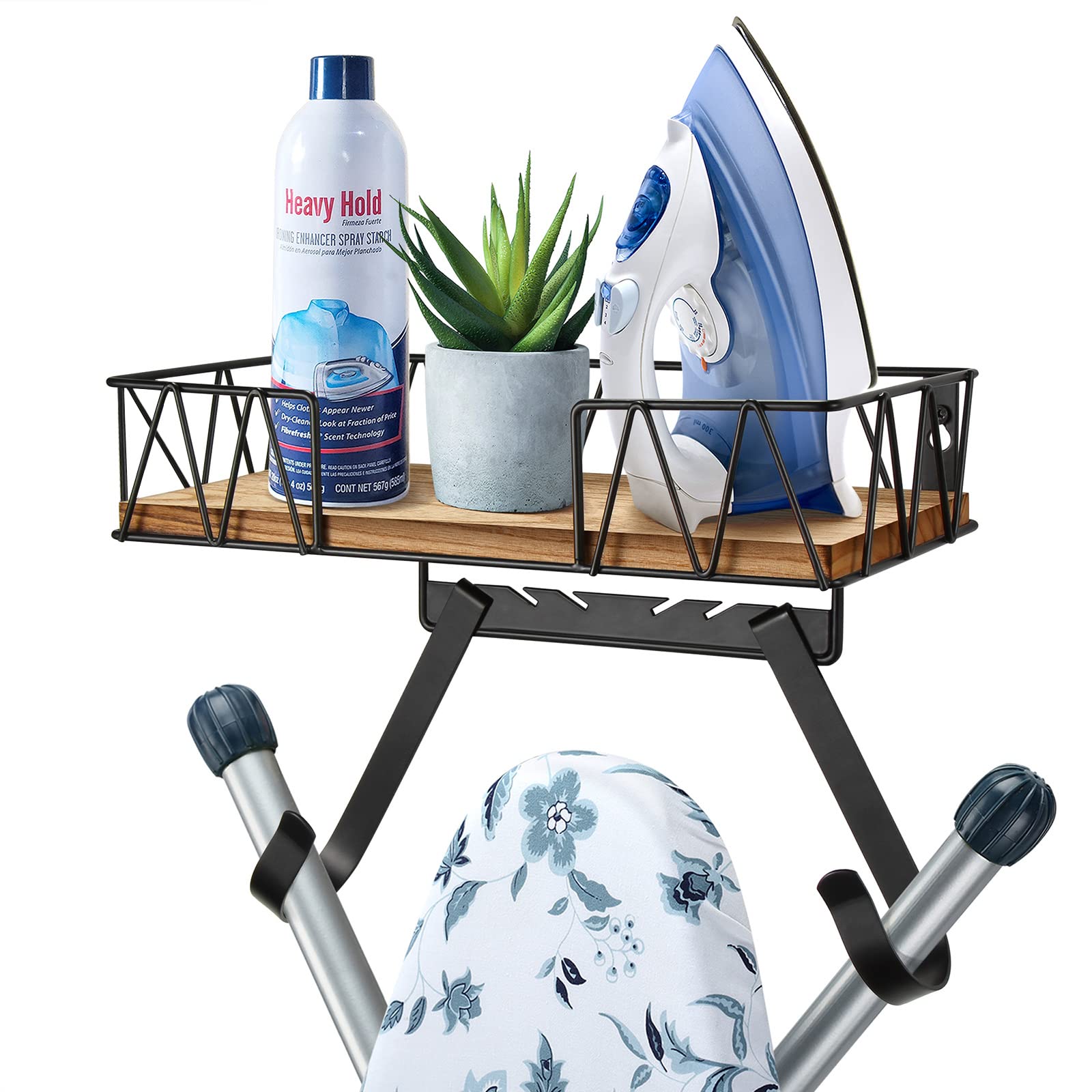 TJ.MOREE ironing board holder with wooden basket keeps iron organized and within reach.