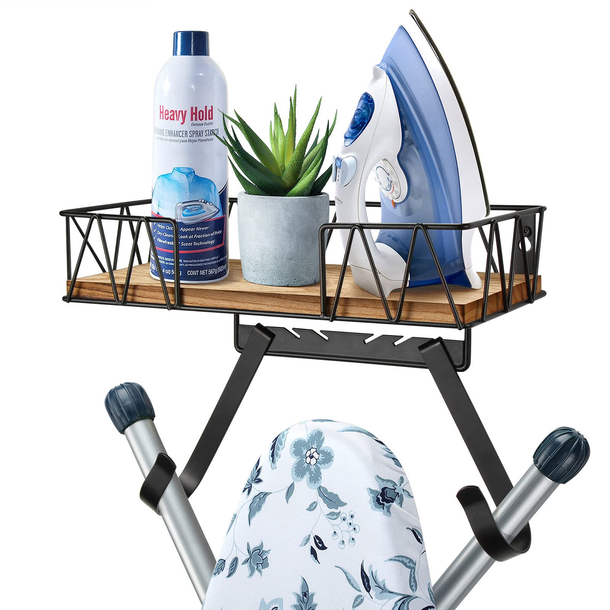TJ.MOREE ironing board holder with wooden basket keeps iron organized and within reach.