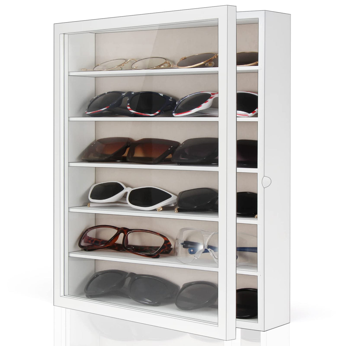 TJ.MOREE sunglasses organizer mounted on wall with front display for quick access.