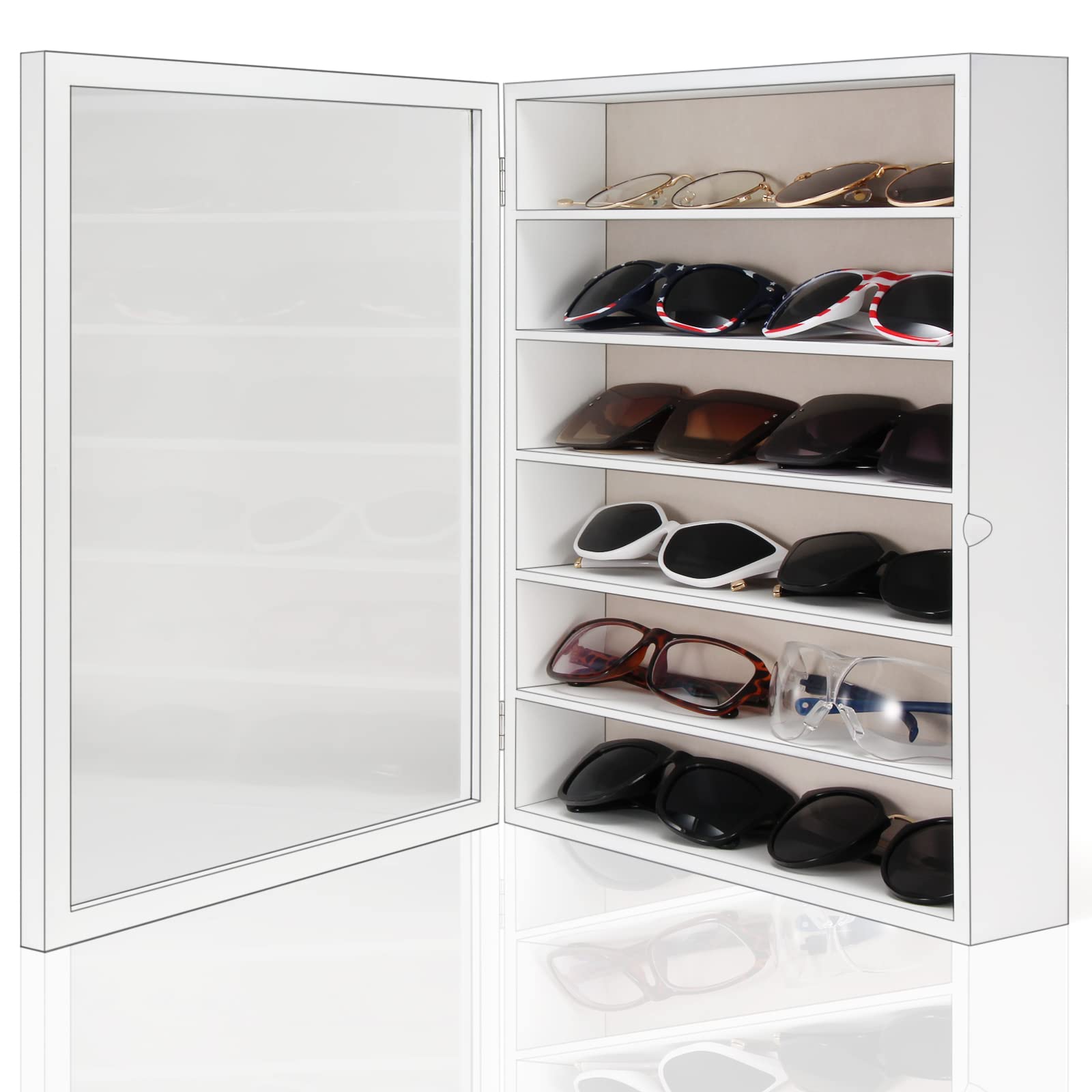 TJ.MOREE wooden case with magnetic door keeps eyewear secure on display.