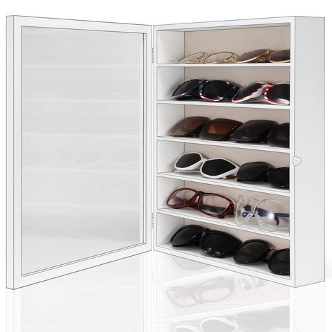 TJ.MOREE wooden case with magnetic door keeps eyewear secure on display.