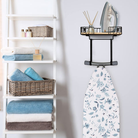 TJ.MOREE wooden-base basket stores iron and supplies, reducing counter clutter.