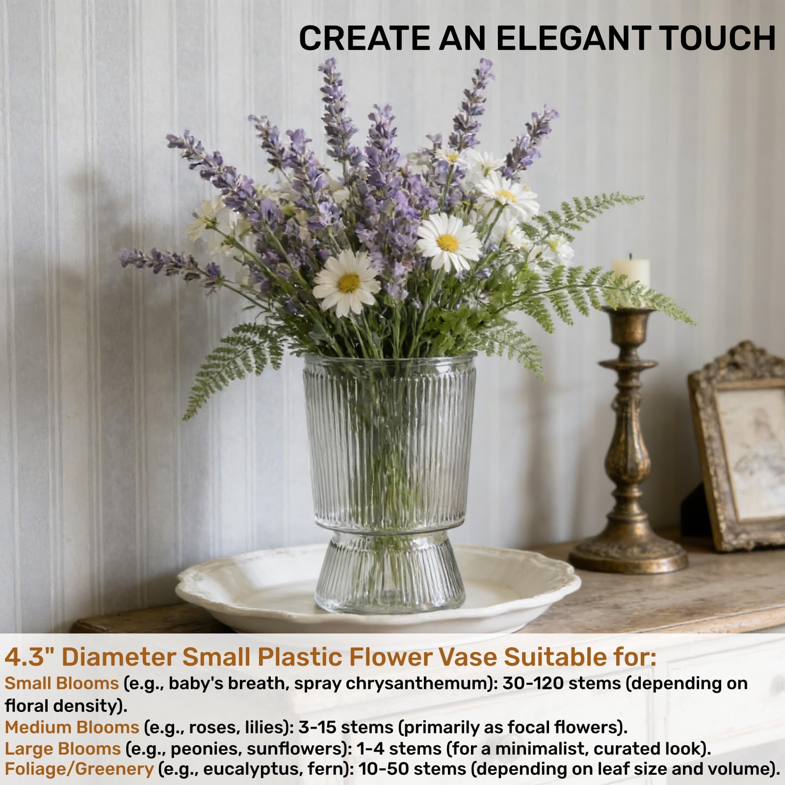 Tlence transparent vase evokes glass elegance without risk of breakage.