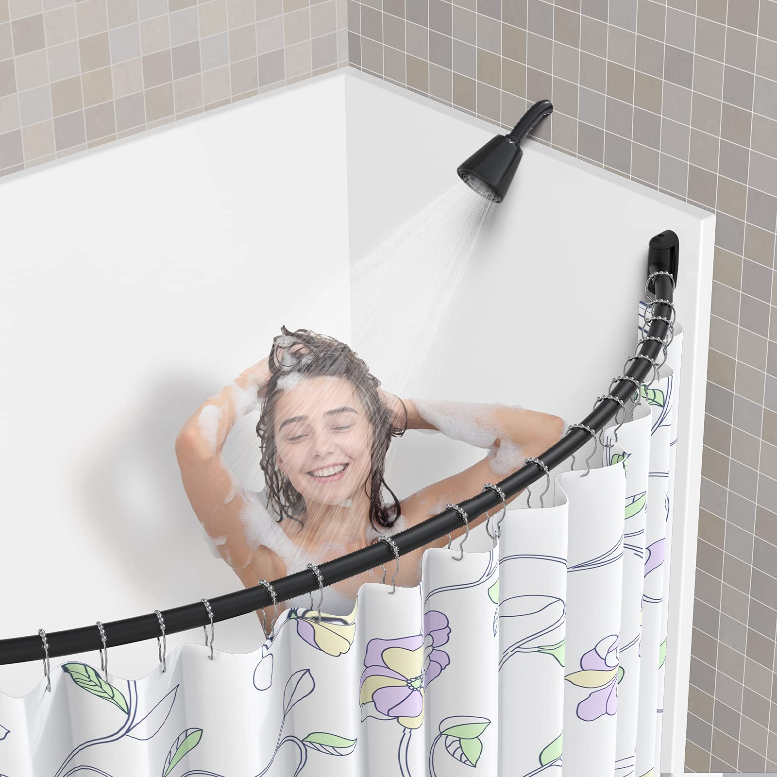 Tlooe curved shower rod with black finish complements modern bathrooms.