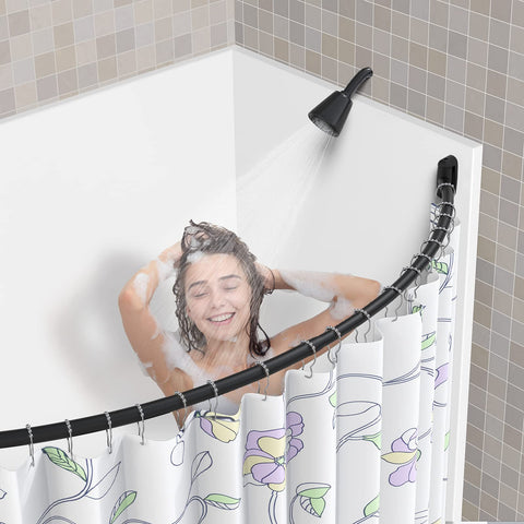 Tlooe curved shower rod with black finish complements modern bathrooms.
