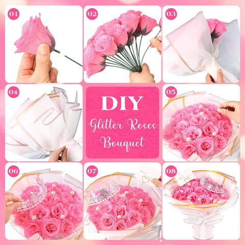 TLY Glitter Roses Bouquet includes wrapping papers for a personalized gift experience.