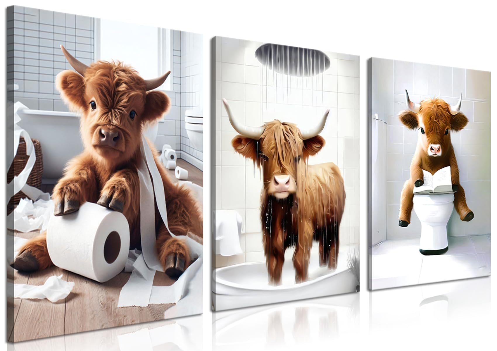 Tmvosn funny Highland Cow wall art set boosts bathroom charm with rustic whimsy.