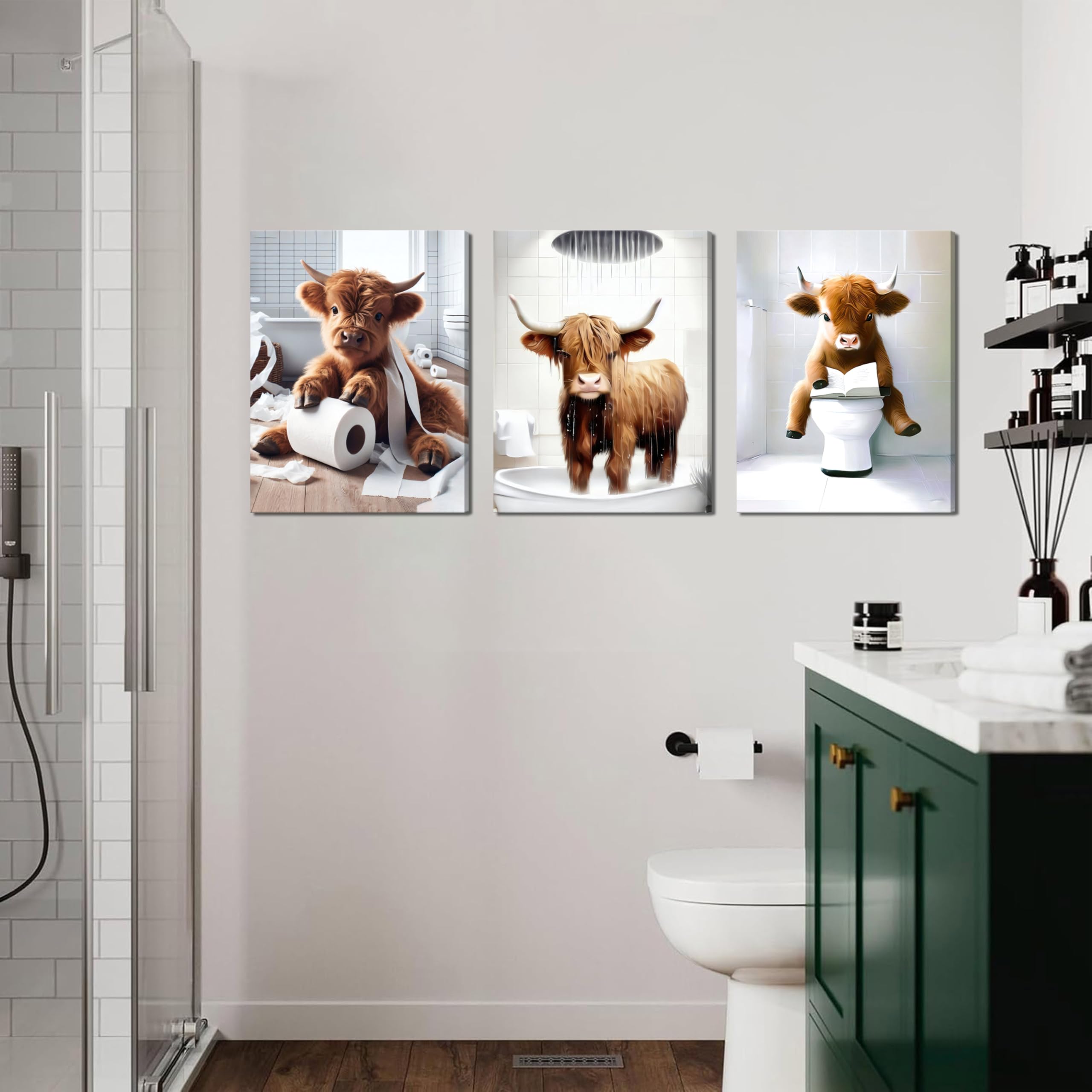 Tmvosn Highland cow wall art adds cheerful farmhouse style to any bathroom.