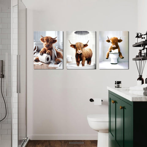 Tmvosn Highland cow wall art adds cheerful farmhouse style to any bathroom.