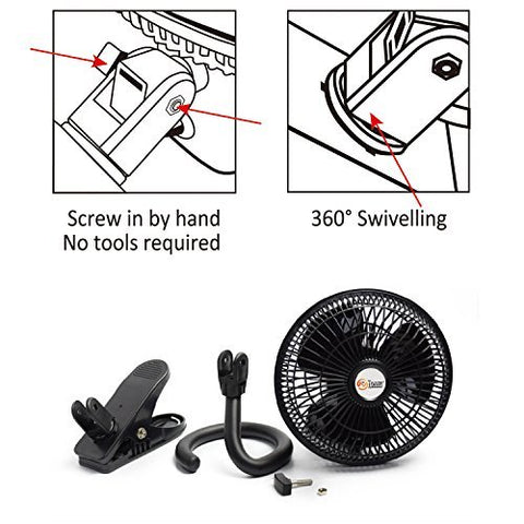 TN TONNY clip-on fan head tilts to direct breeze precisely