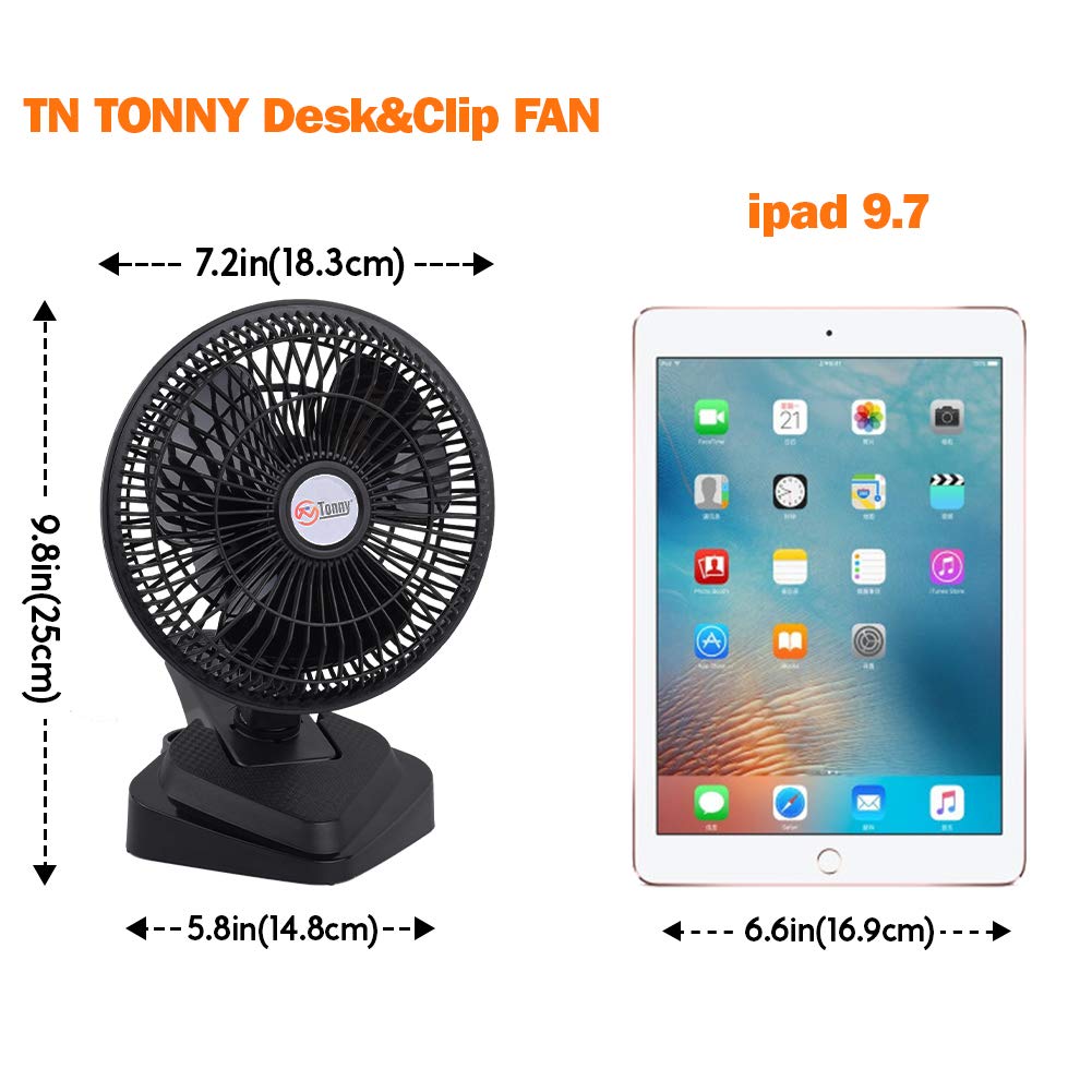 TN TONNY clip on fan demonstrating strong grip clamp on a shelf