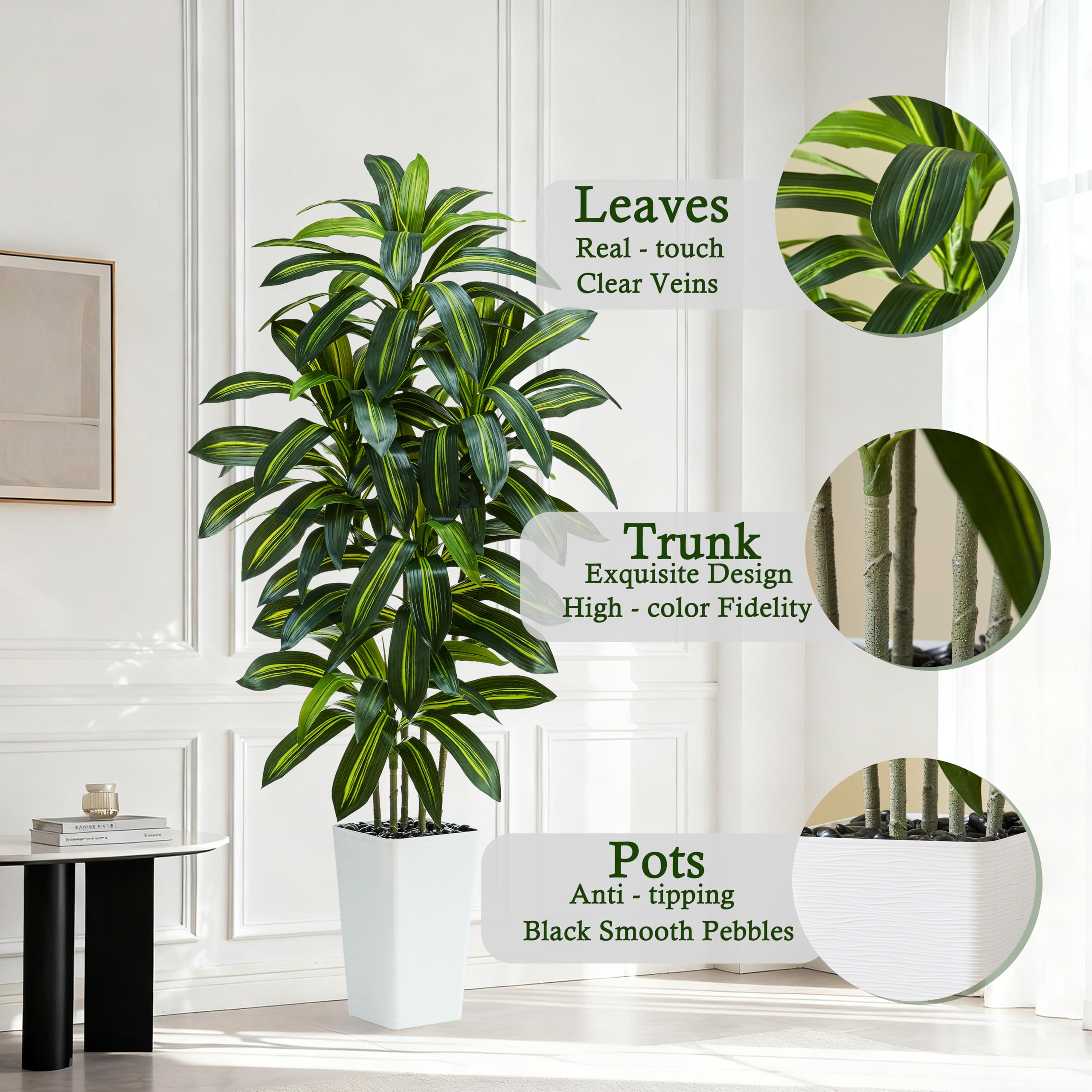 TNGGNT white thick planter provides a stable base for a tall faux tree.