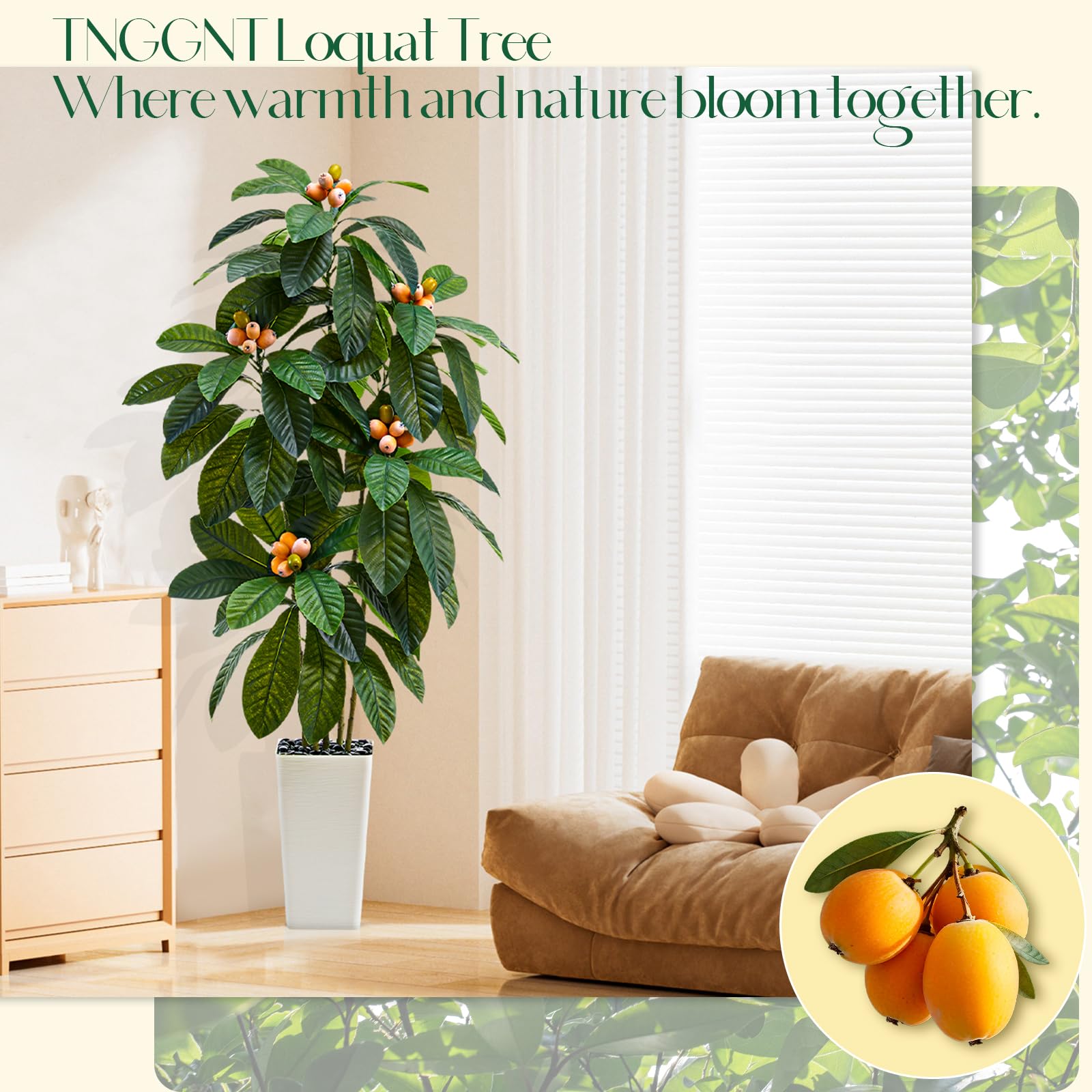 Decorative black pebbles provide contrast and reduce surface scratches around the TNGGNT tree.