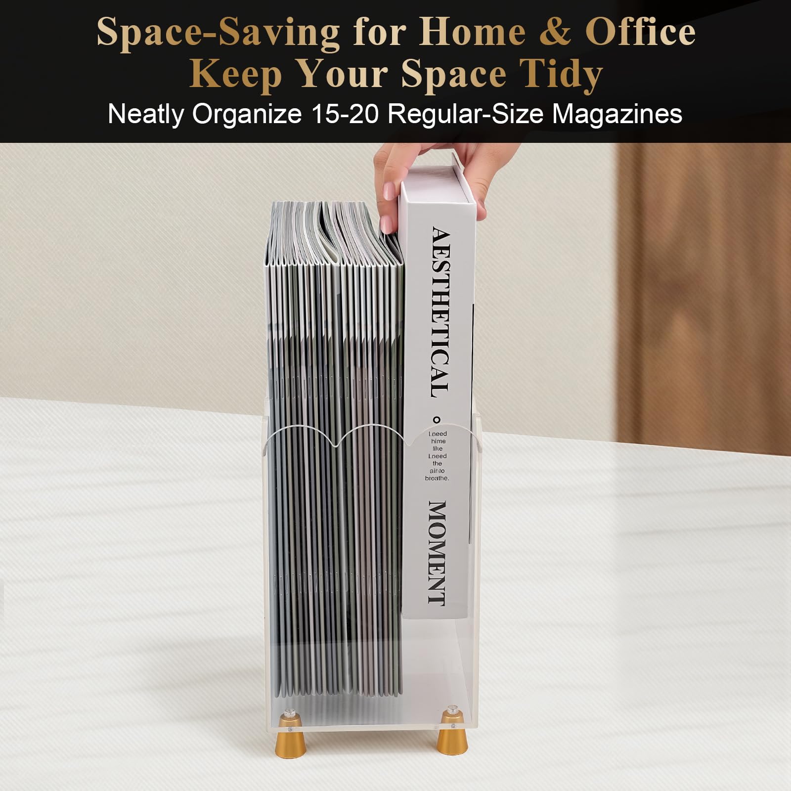 Tocemei acrylic magazine holder on a desk: ideal for magazines and brochures.
