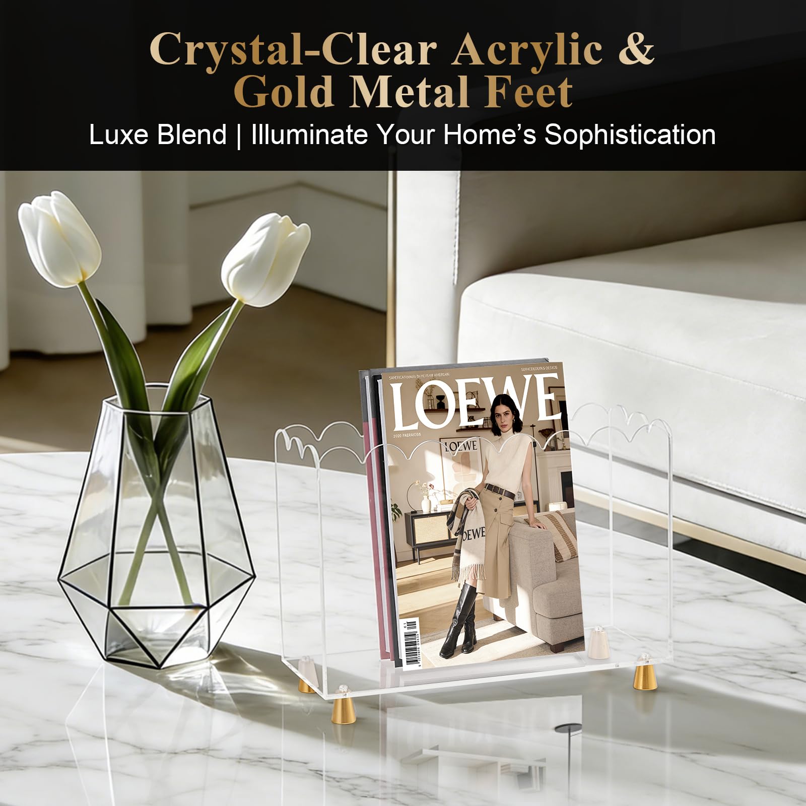 Tocemei acrylic magazine holder with gold feet detail: luxe accent and sturdy support.